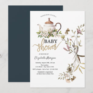 Aquarell-Wildblumen-Teekanne-Baby-Shower Einladung
