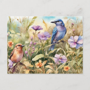 Aquarell-Wildblumen- und Vogelillustration  Postkarte