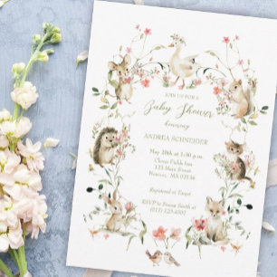 Aquarell-Wildblumen-Waldtiere-Baby-Party Einladung