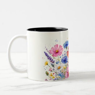 Aquarell-Wildblumen-Wiesen-Sträußchen-Blumenkunst Zweifarbige Tasse