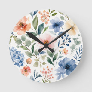 Aquarell-Wildblumenmuster Moderne Botanik Runde Wanduhr
