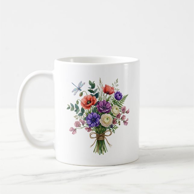 Aquarell-Wildblumenstrauß-Libellen-Tasse Kaffeetasse (Links)