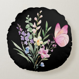 Aquarell-Wildblumenstrauß mit rosa Schmetterling Rundes Kissen