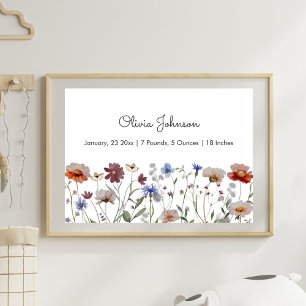 Aquarell-Wildblumenwiese-Baby-Geburtsstatistik  Poster