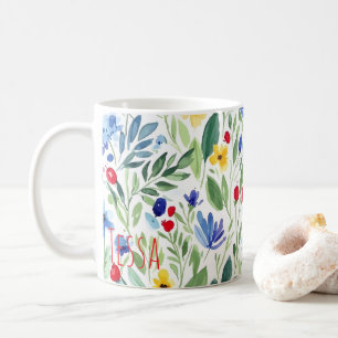 Aquarell-Wildblumenwiese Blau und Gelbe Kunst Kaffeetasse