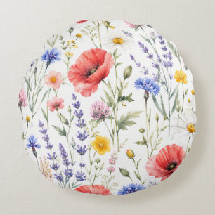 Aquarell-Wildblumenwiese-Blumen Rundes Kissen