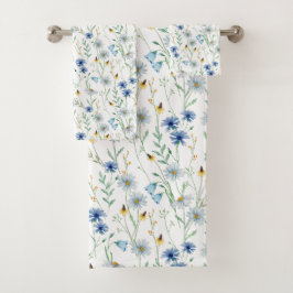 Aquarell-Wildblumenwiese-Blumenmuster  Badhandtuch Set