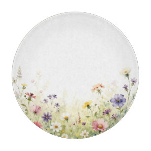 Aquarell-Wildblumenwiese-Pastell-Blumenrand Schneidebrett