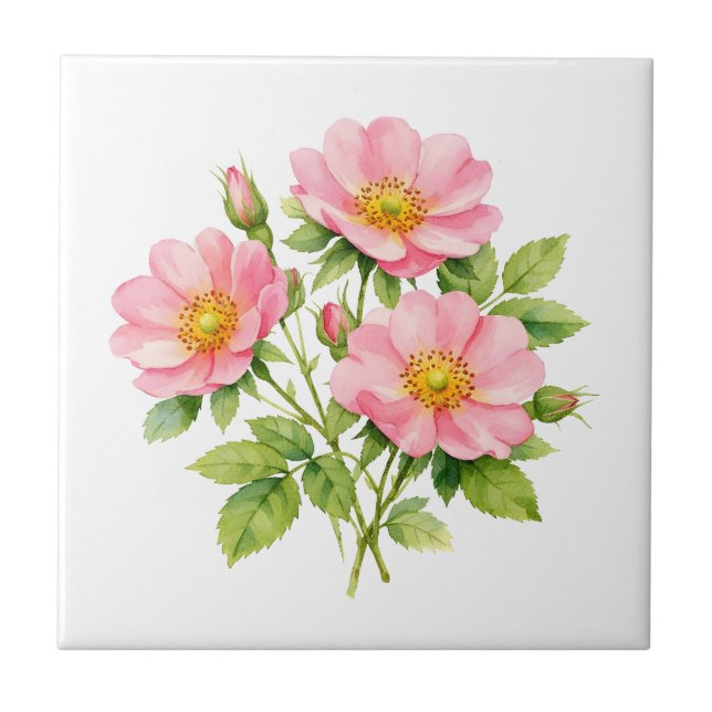 Aquarell-Wilde-Rosa-Pinkrosen  Fliese (Vorderseite)
