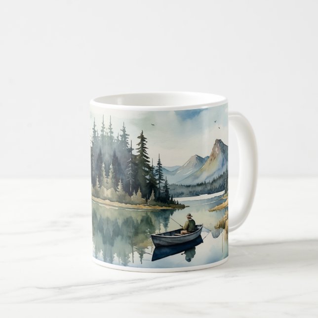 Aquarell Wilderness Fischen See im Meer Kaffeetasse (VorderseiteRechts)