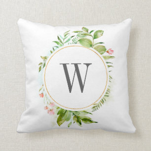 Aquarell-wildes grünes Laub-mit Blumenmonogramm Kissen