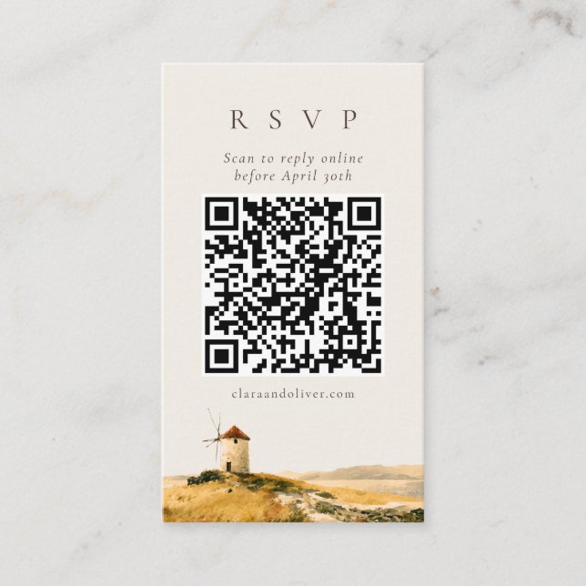 Aquarell-Windmühle-Griechische-Insel-QR-Code-RSVP- Begleitkarte (Vorderseite)