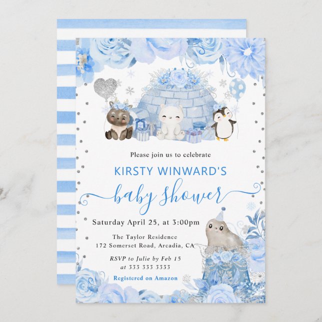 Aquarell Winter Arctic Animals Babydusche Einladung (Vorne/Hinten)