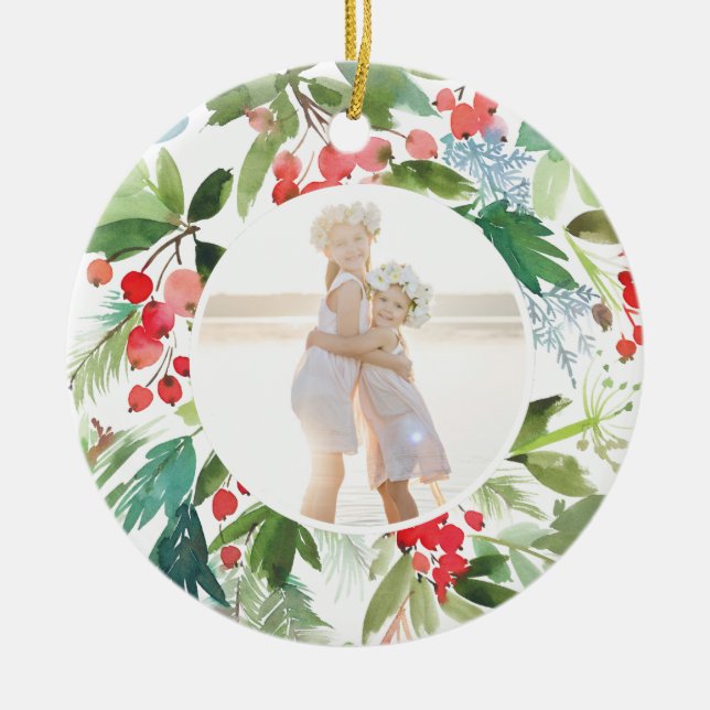 Aquarell-Winter-Beeren und Grün Keramik Ornament (Vorne)