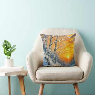 Aquarell-Winter-Birken Kissen