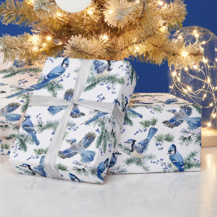Aquarell Winter Blauhäher Weihnachten Schneekiefer Geschenkpapier