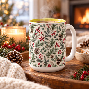 Aquarell-Winter-Botanik Kiefer und Beeren Zweifarbige Tasse