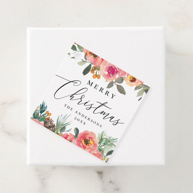 Aquarell Winter Florals. Elegantes Weihnachtsblut Geschenkanhänger (Beispiel)
