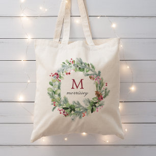 Aquarell-Winter-Grün-Kranz-Monogramm Tragetasche