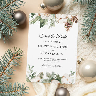 Aquarell-Winter-Grün-Tanne & Weiße Blumen Save The Date