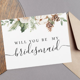 Aquarell Winter Grüne Kiefer & Weiße Blumen Einladungspostkarte