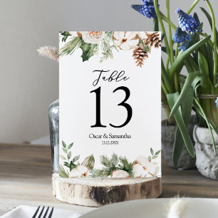 Aquarell Winter Grüne Kiefer & Weiße Blumen Tischnummer