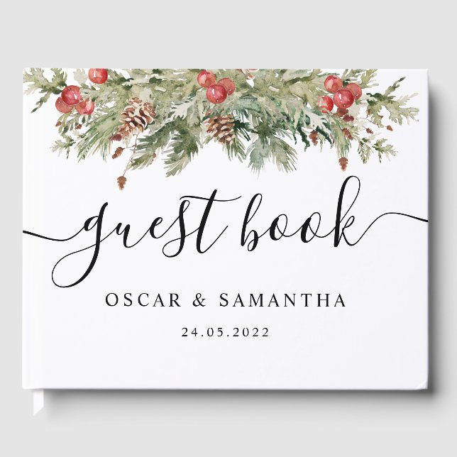 Aquarell Winter Grüne Kiefernwälder und Kiefernkon Gästebuch (Vorderseite)