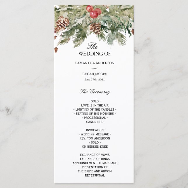 Aquarell Winter Grüne Kiefernwälder und Kiefernkon Menükarte (Vorderseite)