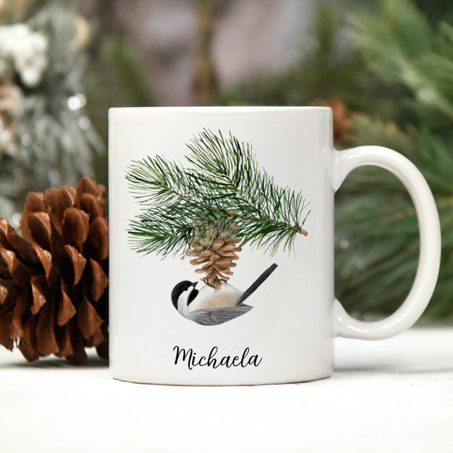 Aquarell-Winter-Schneehäubchen auf Kiefernzapfen Kaffeetasse (Von Creator hochgeladen)