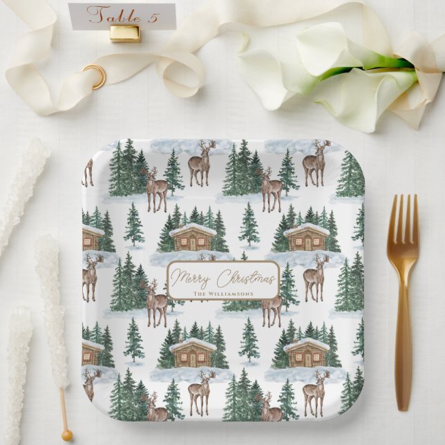 Aquarell-Winter-Wunderland-Rustikal-Bauernhaus-Wei Pappteller (Hochzeit)