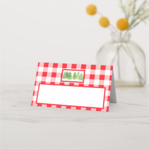 Aquarell-Winterbäume Rot Gingham Karo Platzkarte
