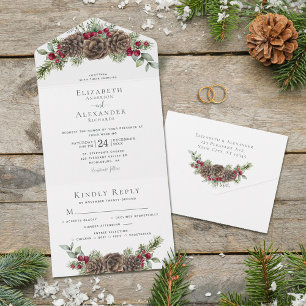 Aquarell Winterbeeren Kiefern Elegante Hochzeit All In One Einladung