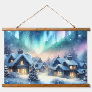 Aquarell-Winterdorf Schneebedeckte Weihnachten Wandteppich Mit Holzrahmen