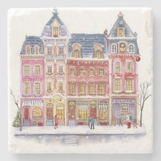 Aquarell-Winterdorf-Weihnachtsstadt Steinuntersetzer