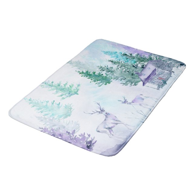Aquarell-Winterlandschaft Frohe Feiertage Badematte (Schrägansicht)