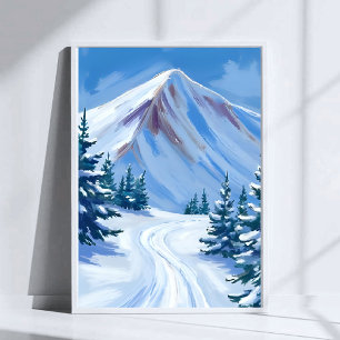 Aquarell-Winterlandschaft mit Schnee und Bergen Poster