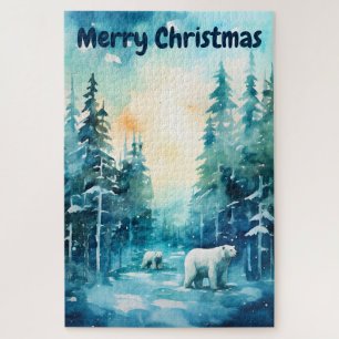 Aquarell-Winterlandschaft Nordpol Weihnachten Puzzle