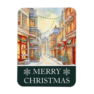 Aquarell-Winterstraßenszene-Weihnachtskarte Magnet
