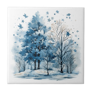 Aquarell-Winterszene im Wald Fliese