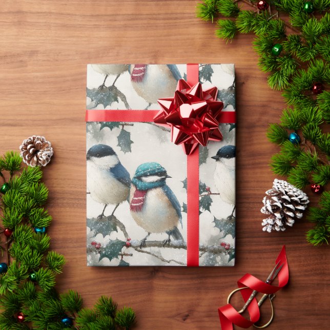 Aquarell-Wintervögel mit rotem Schal Geschenkpapier (Feiertagsgeschenk)