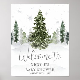 Aquarell Winterwald Graue Babydusche Willkommen Poster