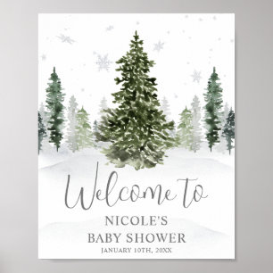 Aquarell Winterwald Graue Babydusche Willkommen Poster