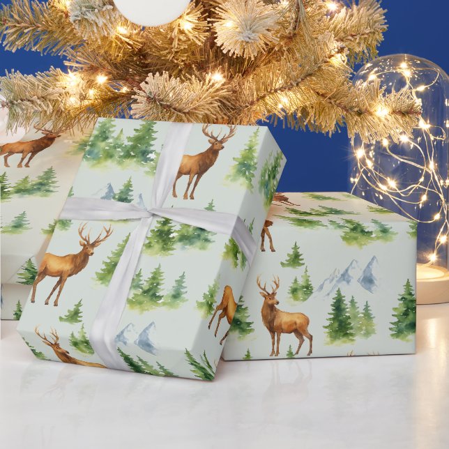 Aquarell-Winterwald - Hirsche und schneebedeckte B Geschenkpapier (Feiertage)