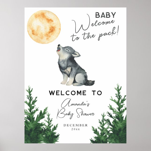 Aquarell-Wolf-Baby-Shower-Willkommen Poster (Vorne)
