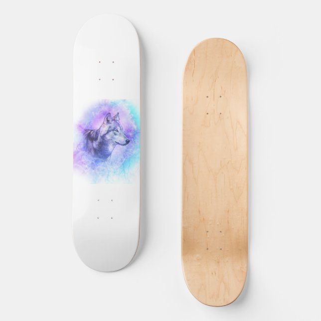 Aquarell-Wolf Skateboard (Vorderseite)