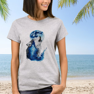 Aquarell Wolf und Mond T-Shirt