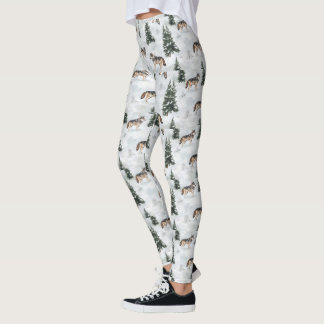 Aquarell-Wölfe Schnee Bedeckte Kiefern Leggings