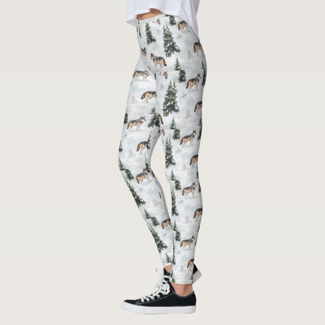 Aquarell-Wölfe Schnee Bedeckte Kiefern Leggings (Links)