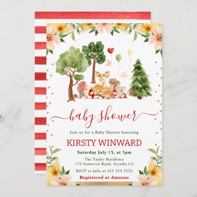 Aquarell Woodland Animals Picnic Baby Dusche Einladung (Vorne/Hinten)