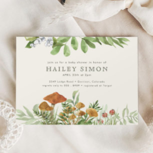 Aquarell Woodland Pilz-Grünpflanzen Kinderdusche Einladung